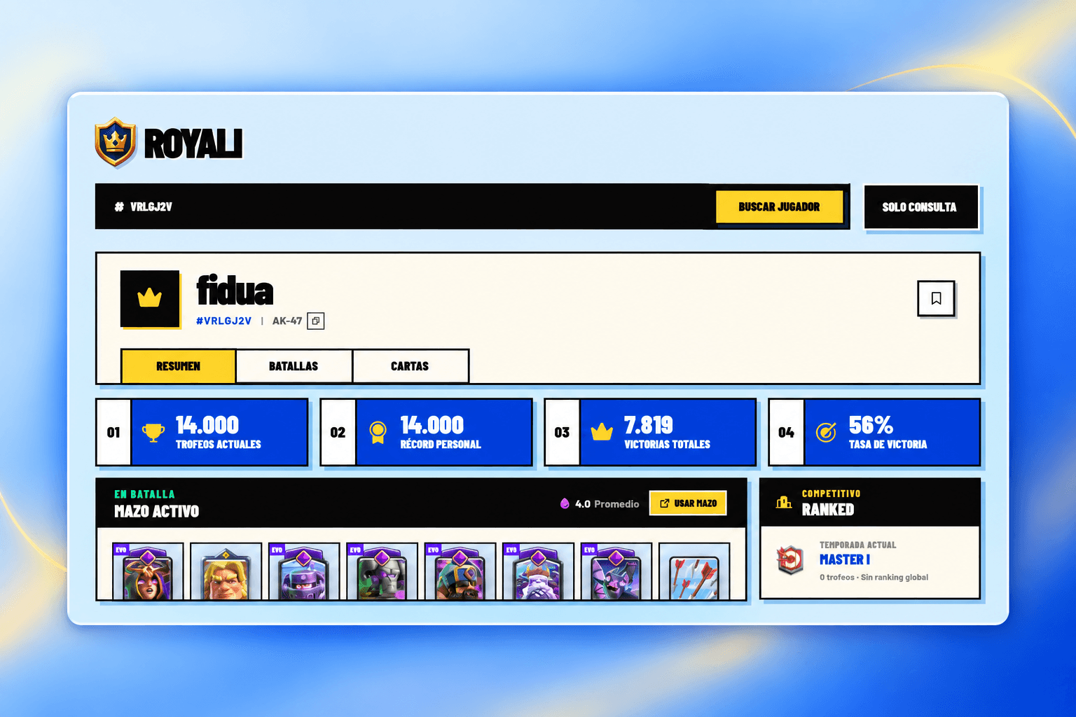 Perfil de un jugador de Clash Royale en Royali con sus estadísticas y mazo activo