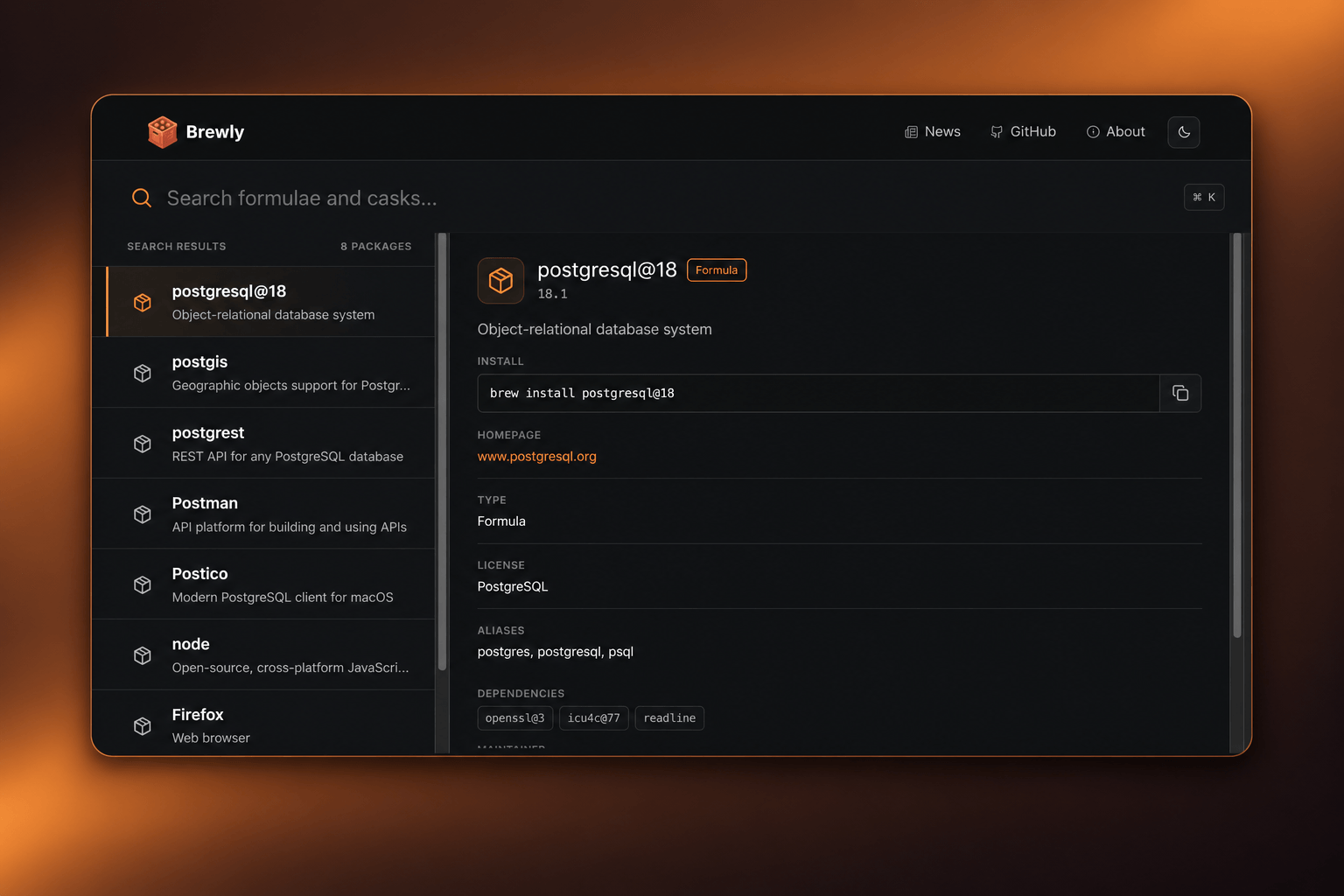 Interfaz de Brewly con resultados de búsqueda y detalles de un paquete de Homebrew