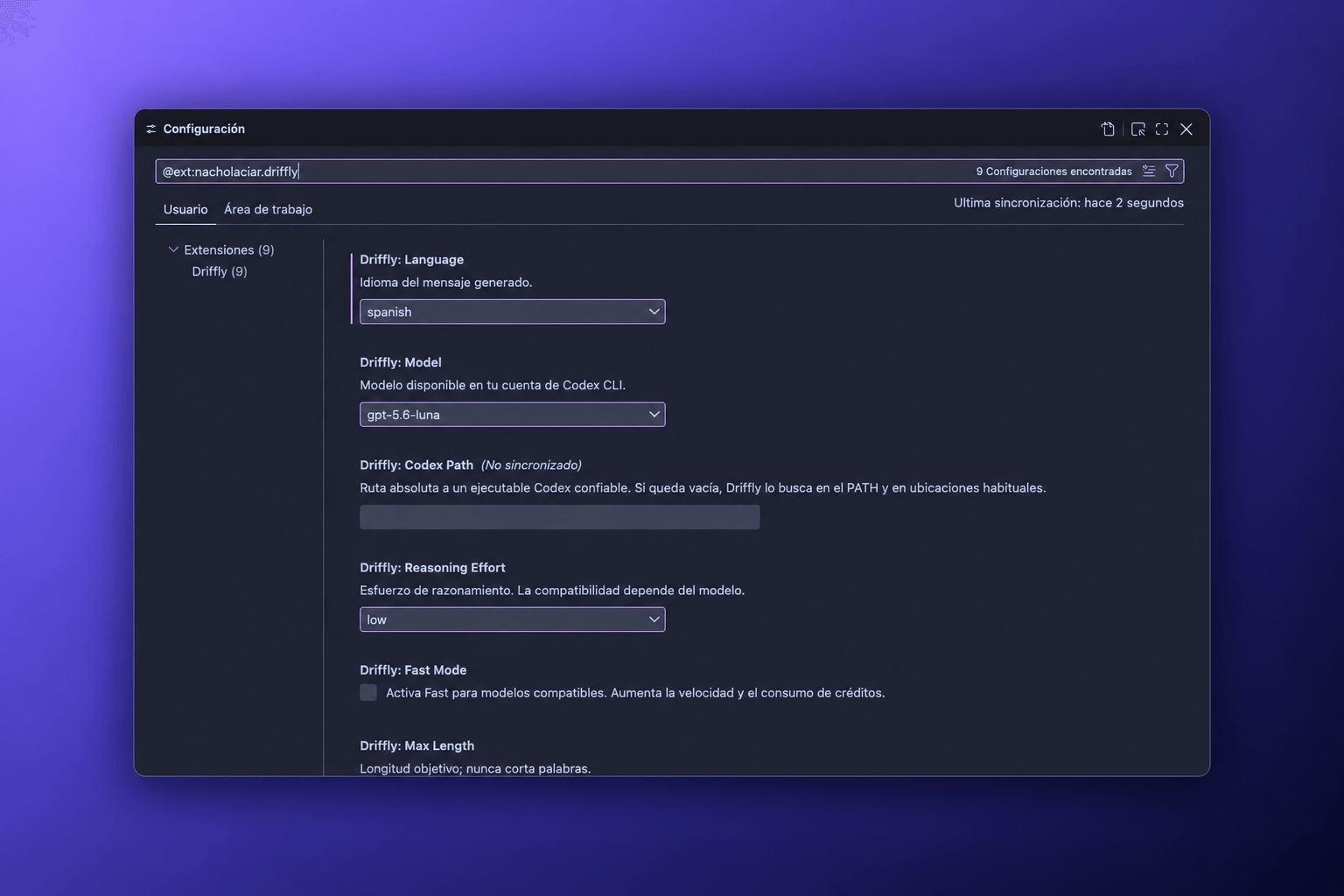 Configuración de Driffly en VS Code con opciones de idioma, modelo, razonamiento y Fast Mode